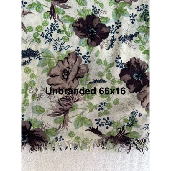 Womens Floral Print Lightweight Scarf Shawl Wrap 66"x16" Green Brown Fringe Trim - Picture 2 of 2